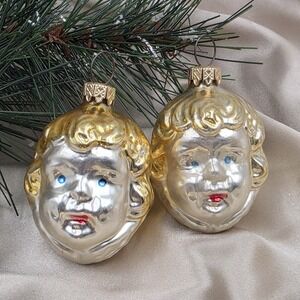 VTG West Germany Mercury Glass Angel Head Christmas Ornaments Lot of 2‎ Gold